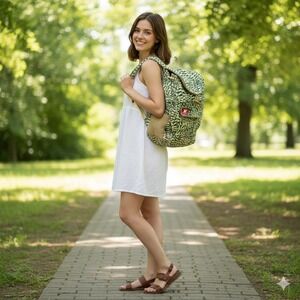 Taaluma‎ Totes Backpack White Green Cotton Canvas 2 Straps Shark Tank Geometric